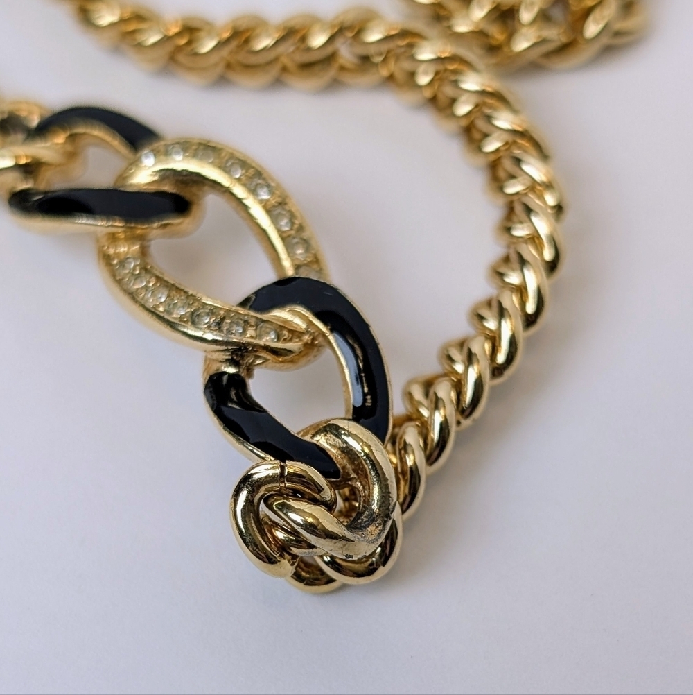 Dior Gold Tone Curb Chain Choker Necklace Pavé Crystal Links Y2K Authentic - Picture 6 of 6